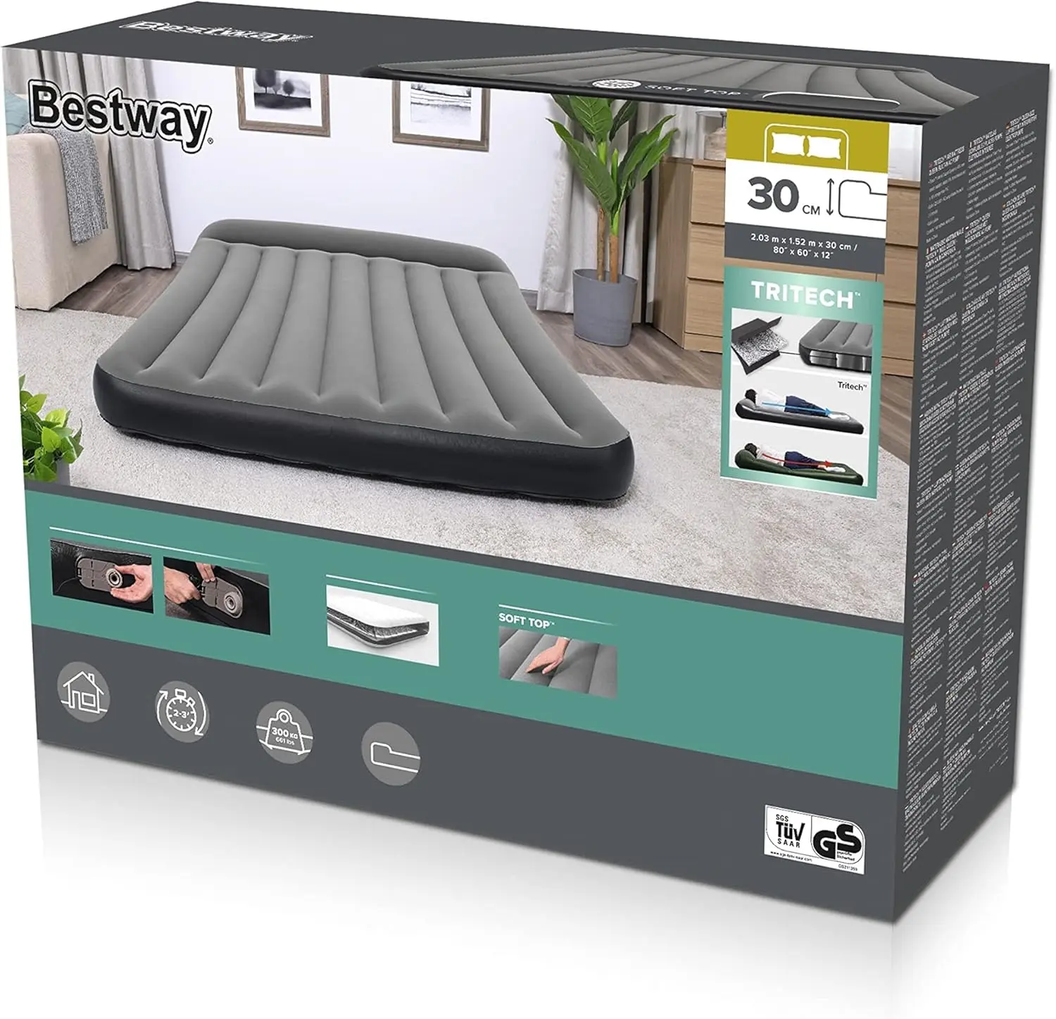 MATELAS 2PLACES AUTOGONFLANT CAMPING BESTWAY 67464 TRITECH 203x152x22CM AVEC OREILLER MAX 300KG